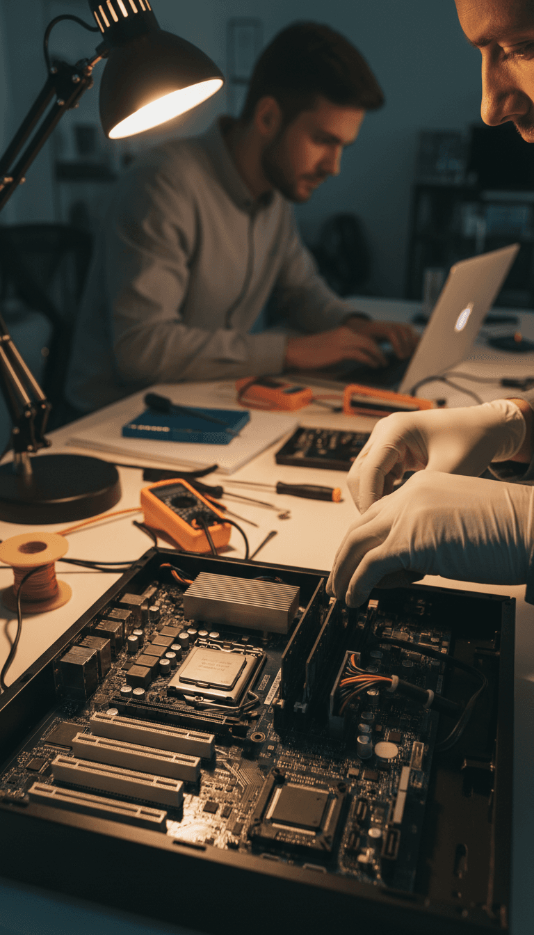 Technician's hands carefully installing components inside PC tower with diagnostic tools and workspace visible