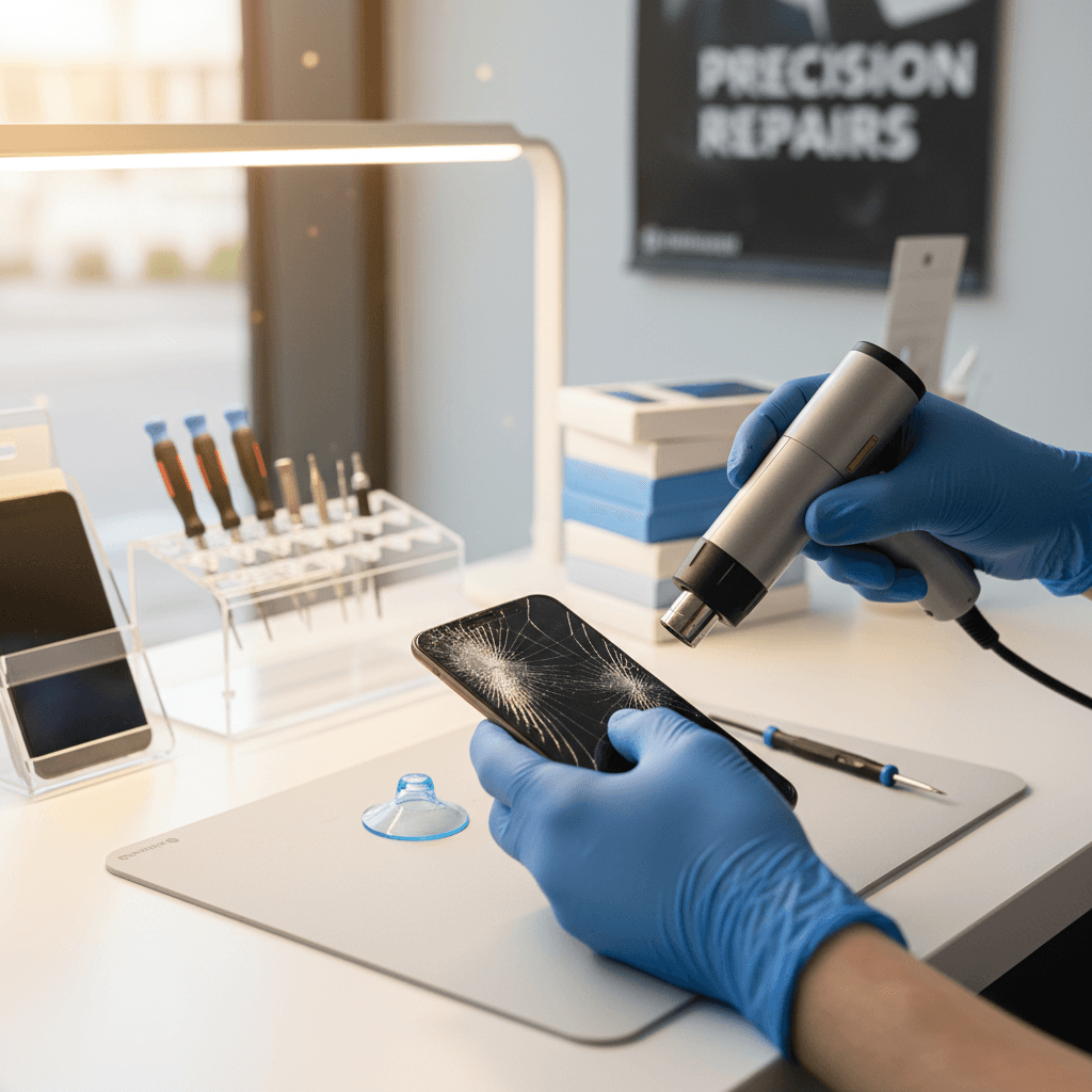 Technician's hands carefully replacing cracked smartphone screen using precision tools on clean professional workbench