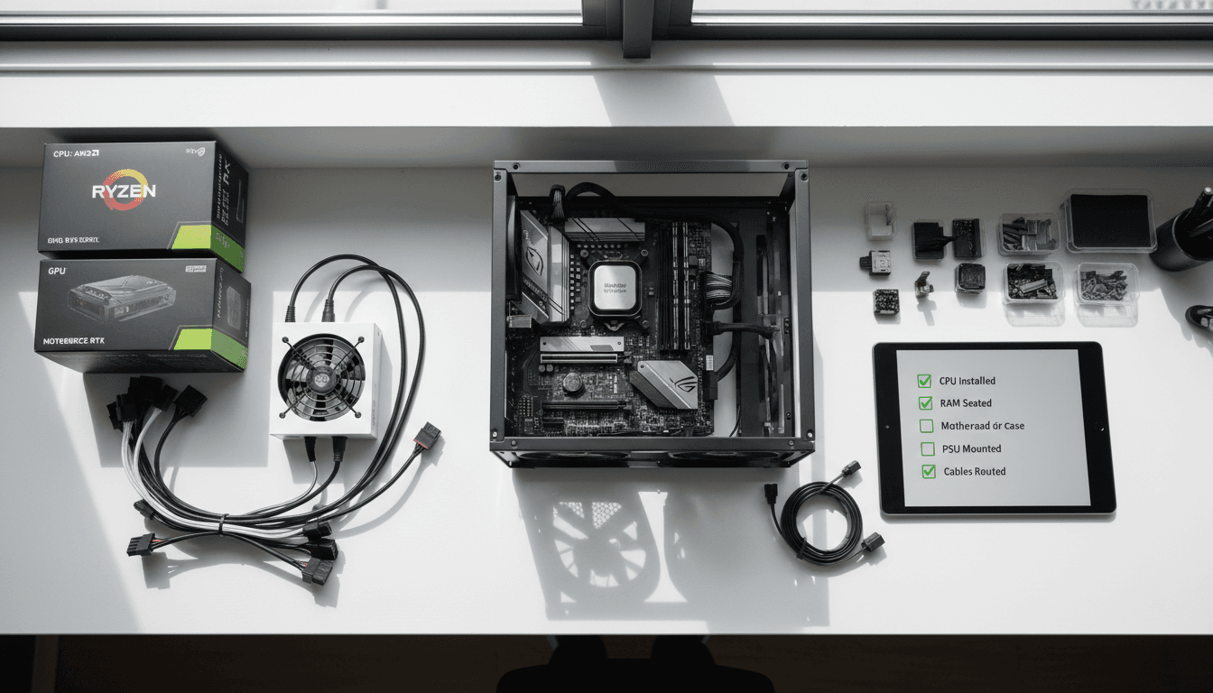 Overhead view of organized PC building workstation with components, assembled tower, and compatibility checklist