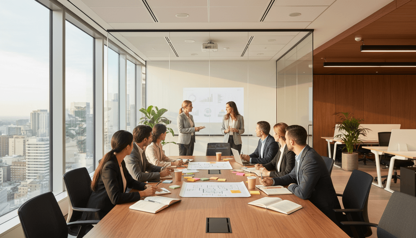 Diverse team collaborating around conference table in bright modern office with glass walls and natural light