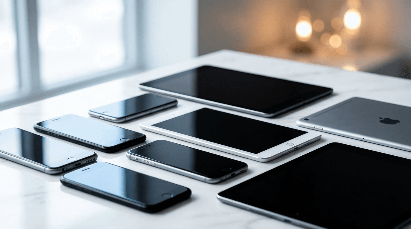 Flat lay of refurbished smartphones and tablets arranged on white marble with soft lighting and bokeh background