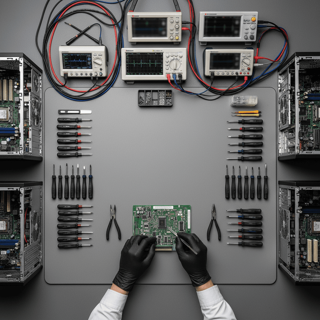 Overhead view of organized IT technician's workbench with diagnostic tools