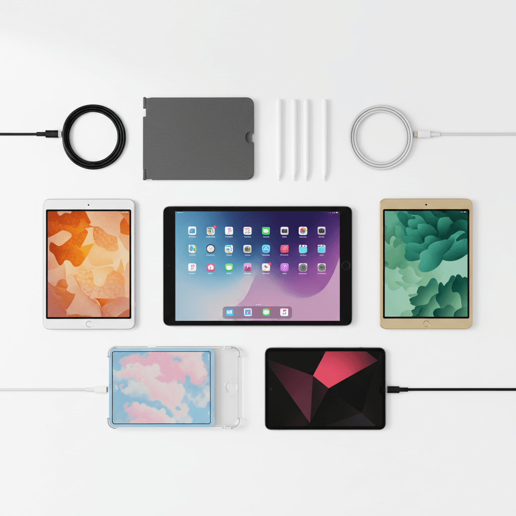 Five tablet devices in various colors arranged with accessories in flat-lay product composition