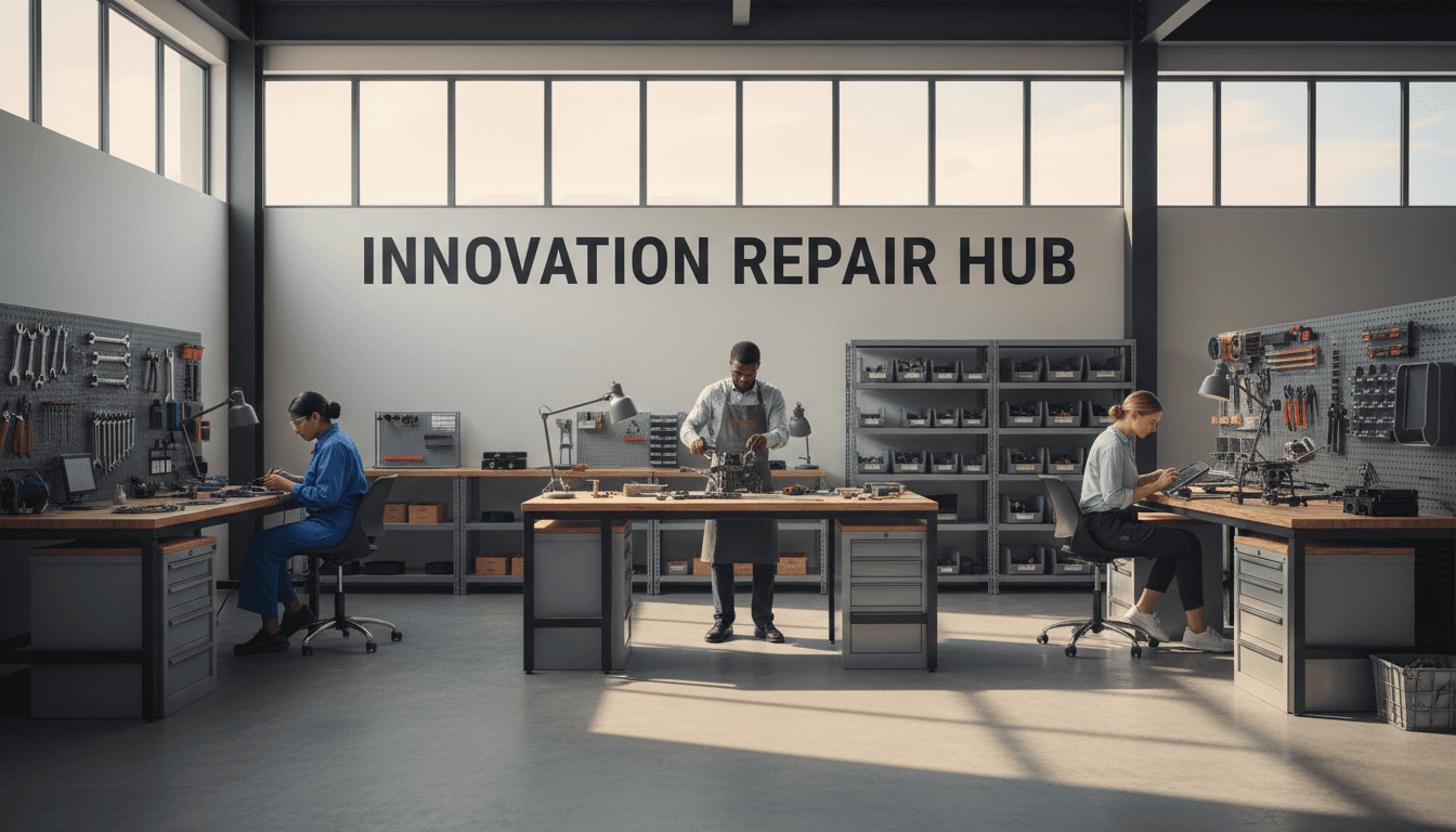 Modern repair workshop with three diverse technicians working at organized workstations with tools and component inventory