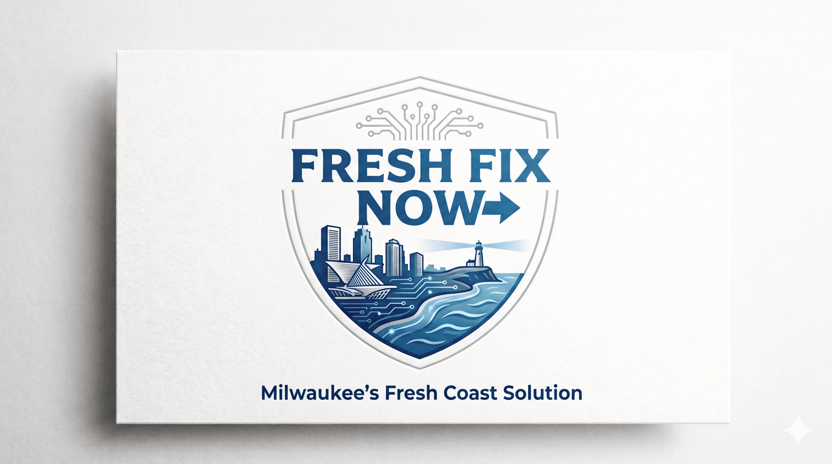Fresh Fix Now shield logo featuring Milwaukee's skyline, a lighthouse, and circuit board patterns.