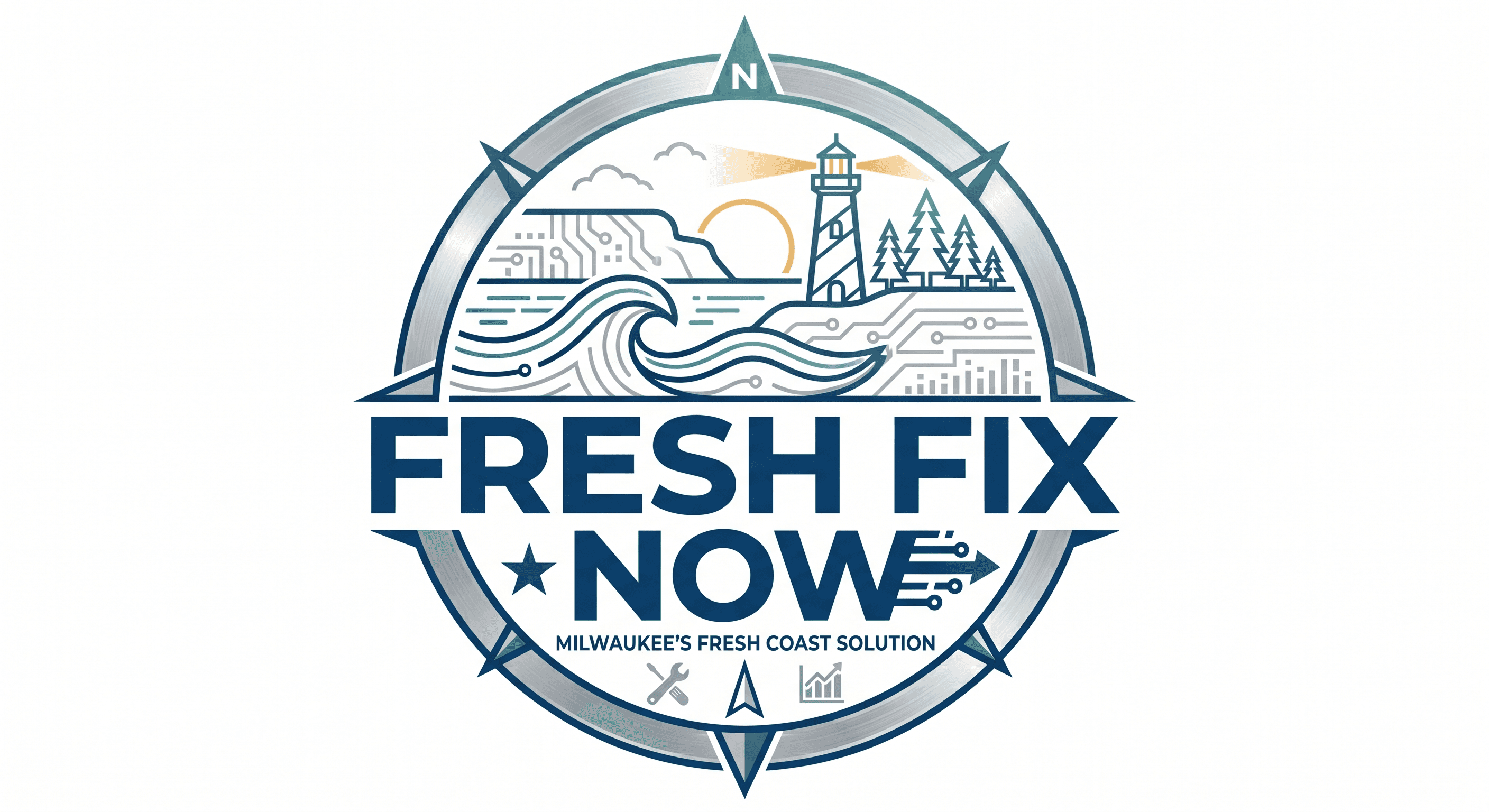 Fresh Fix Now compass logo featuring a lighthouse, waves, and integrated circuit board patterns.