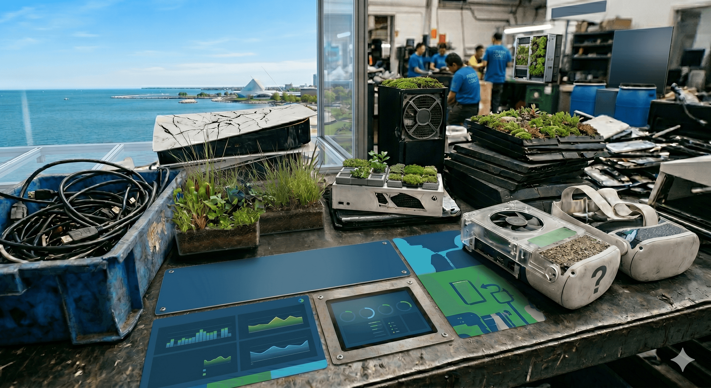 Gaming consoles and electronics repurposed as planters for greenery on a workshop workbench.