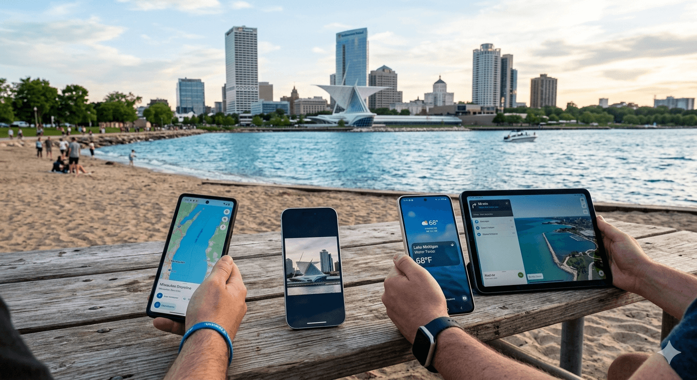 Mobile devices displaying maps and weather apps on a table overlooking the Milwaukee lakefront skyline.
