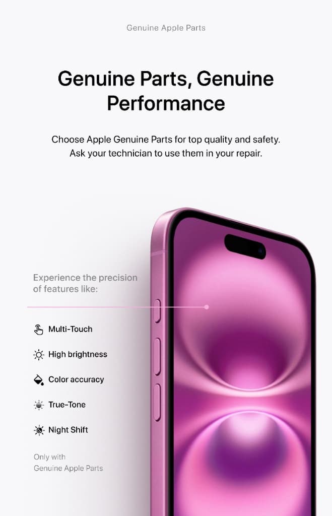 Pink iPhone screen highlighting display features to promote the use of genuine Apple parts.